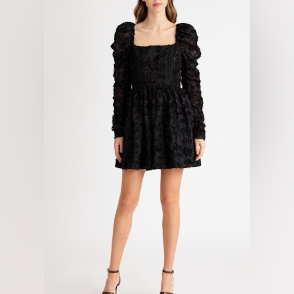 Black Halo Alister Floral Lace Long Sleeve Babydoll Minidress